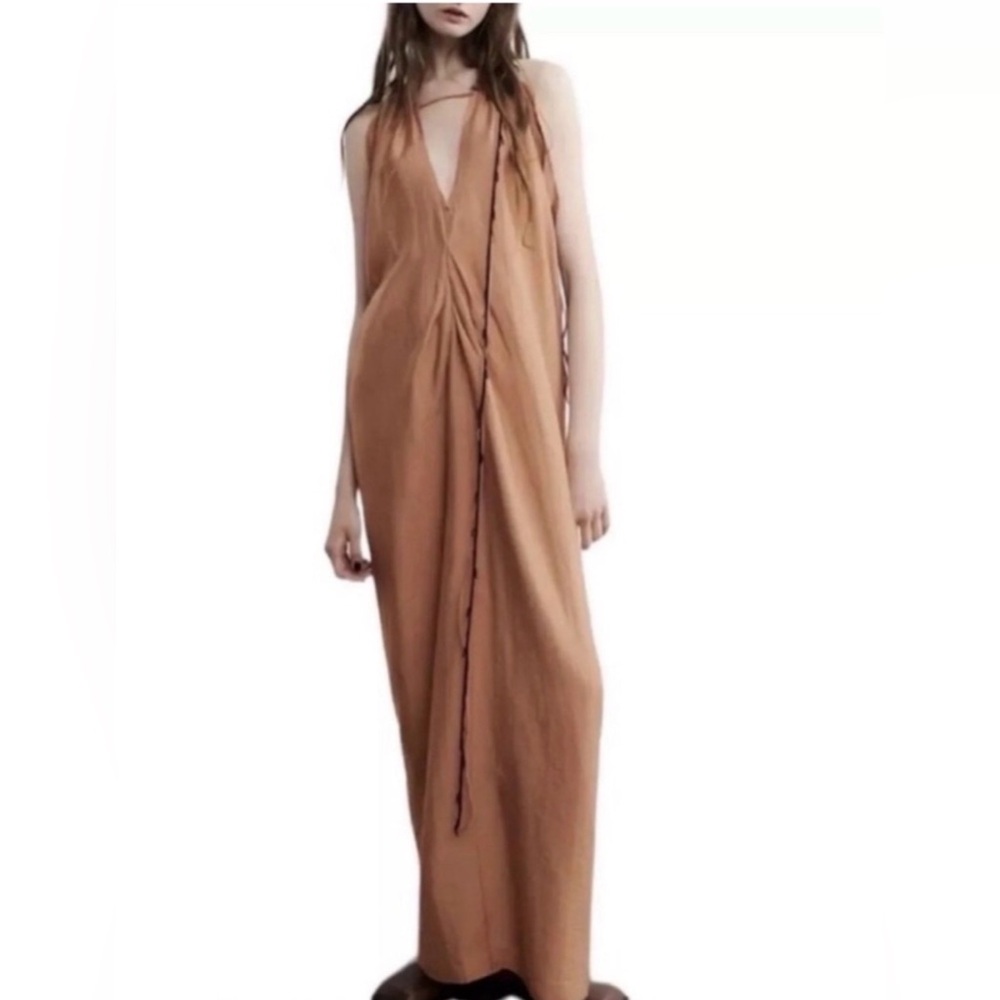 #1080 Zara Sleeveless Tan Draped Maxi Dress - Picture 10 of 14